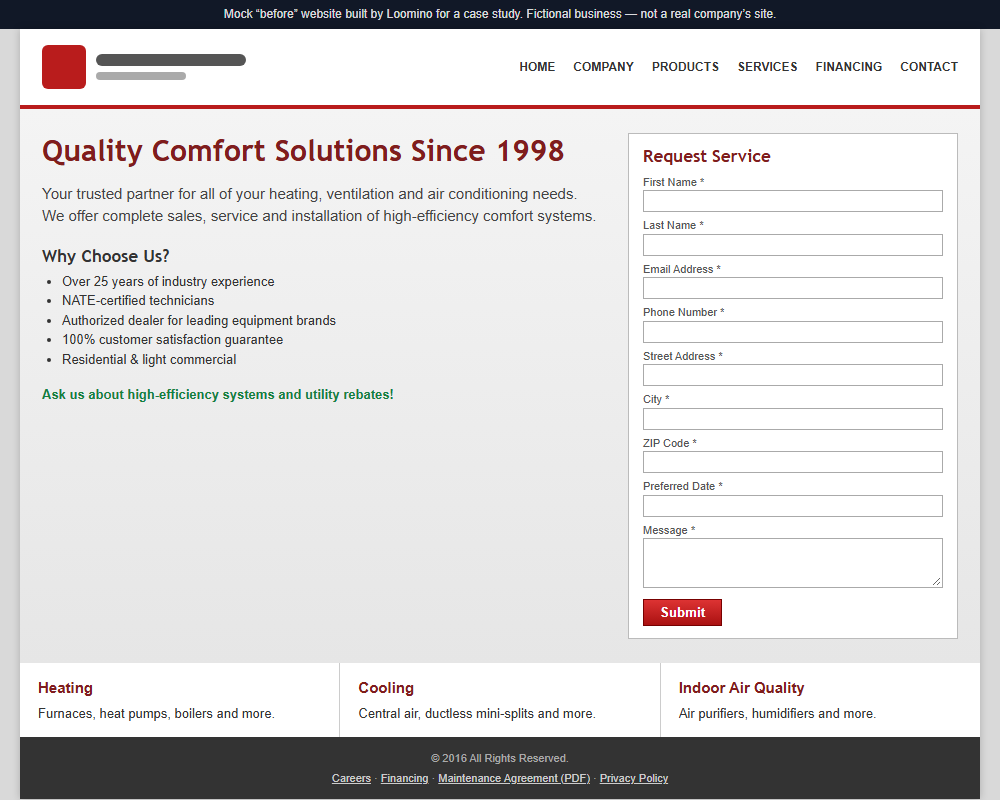 Mock outdated hvac homepage on desktop, showing the three problems described alongside