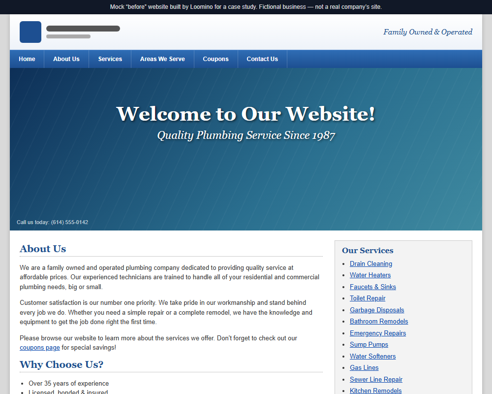 Mock outdated plumbing homepage on desktop, showing the three problems described alongside