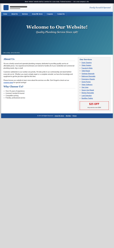 The same mock plumbing homepage on a phone: the fixed-width layout shrinks to fit and the text becomes tiny