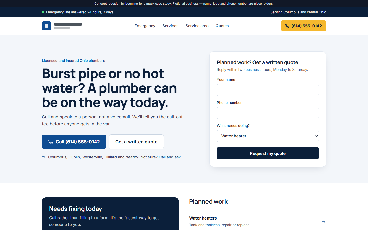 Plumbing concept redesign case study: desktop homepage with a call button and quote form in the first screen