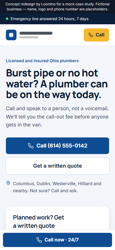 Mobile version of the plumbing concept, showing a tap-to-call button above the fold