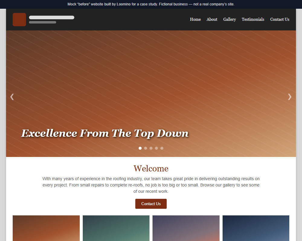 Mock outdated roofing homepage on desktop, showing the three problems described alongside