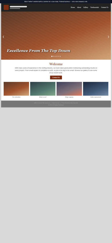 The same mock roofing homepage on a phone: the fixed-width layout shrinks to fit and the text becomes tiny
