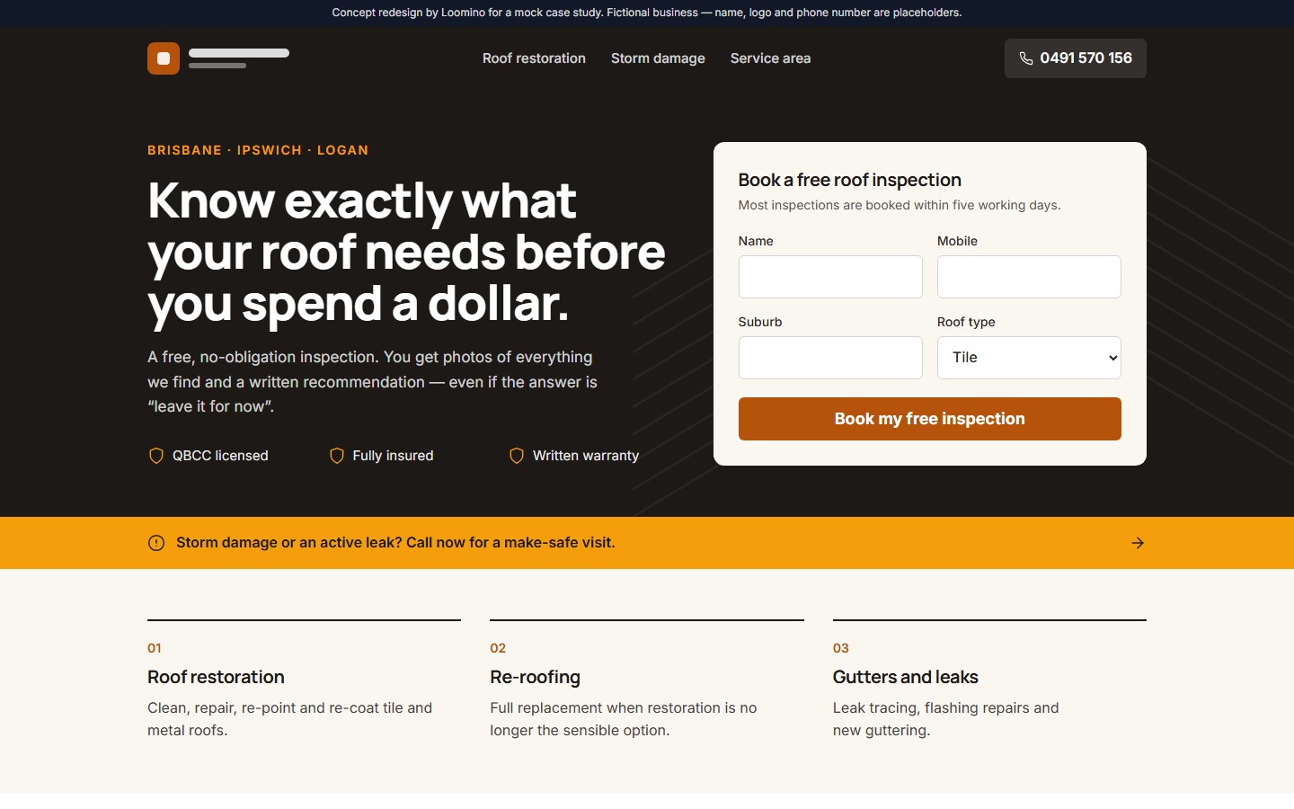 Desktop hero of the roofing concept redesign